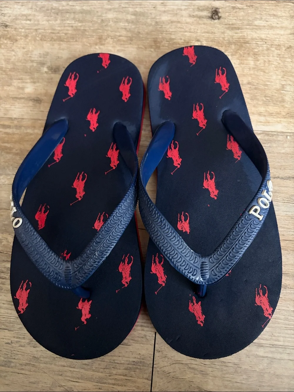 Polo by Ralph Lauren Kids Navy Flip Flops with Red Pony Print